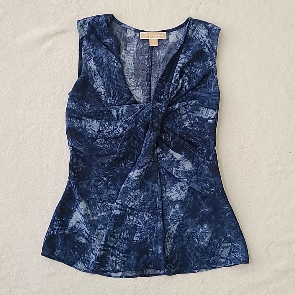 Michael Kors blue sheer tank XS Sleeveless Twist Knot Front Watercolor artsy